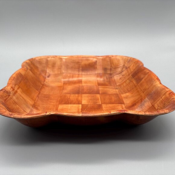 Vintage Large Parquet Wood Square Serving Bowl | Mid Century Thin Handcrafted - Picture 1 of 7